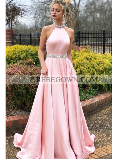 Elegant A Line Pink Satin Backless Halter Long Prom Dresses