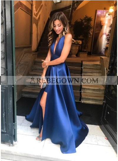 Simple A Line Side Slit Royal Blue Deep V Neck Satin Long Prom Dresses 2022