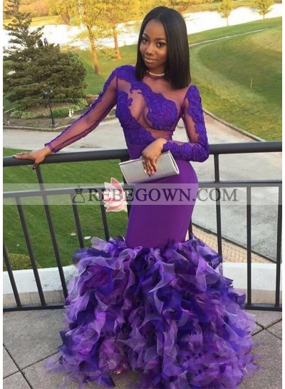 Long Sleeves Purple Mermaid  Ruffles Pleated See Through African Prom Dresses