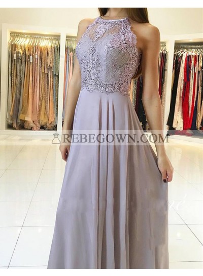 Cheap A Line Chiffon Lace Lilac Halter Floor Length Open Back Prom Dresses
