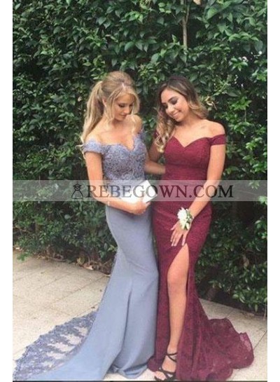 Alluring Sheath Gray Off Shoulder Sweetheart Lace Long Prom Dresses