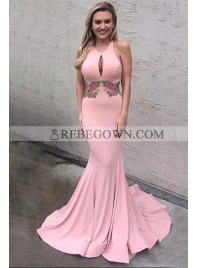 Sexy Mermaid  Blushing Pink Backless Criss Cross Key Hole Long Prom Dresses With Embroidery