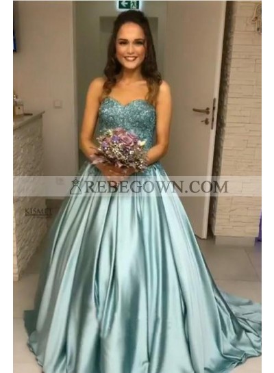 New Arrival Elastic Satin Sweetheart Ball Gown Turquoise Strapless Long Prom Dresses