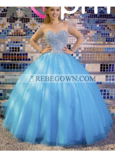 Elegant Princess Blue Long Sleeves Sweetheart Tulle Ball Gown Prom Dresses
