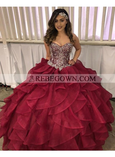 Burgundy Sweetheart Beaded Organza Ruffles Ball Gown Prom Dresses 2022