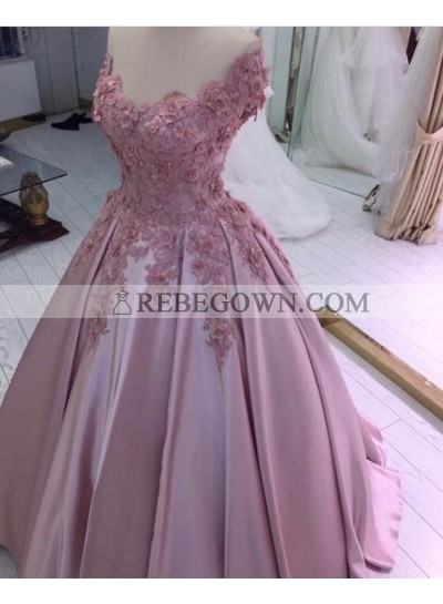 Charming Satin Off Shoulder Flowers Dusty Rose Ball Gown Prom Dresses