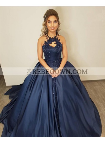 Cheap Dark Navy Satin Halter Ball Gown Prom Dresses With Appliques