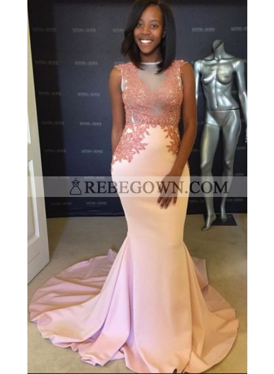 Elegant Mermaid  Satin Blushing Pink Sleeveless Prom Dresses With Appliques For African American