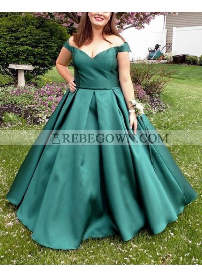 Cheap Satin Teal Off Shoulder Plus Size Ball Gown Sweetheart Prom Dresses