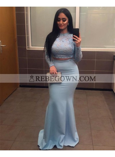 Sexy Satin Two Pieces Light Sky Blue Mermaid  Long Sleeves Long Lace Prom Dresses