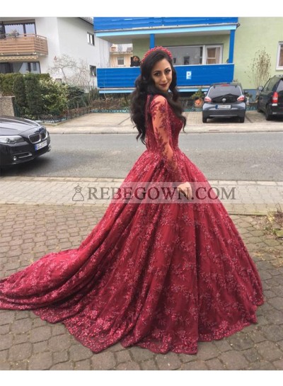 Burgundy Long Sleeves Lace Sweetheart Ball Gown Prom Dresses