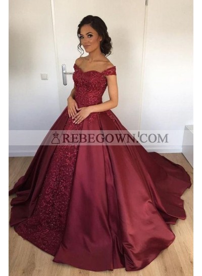 Elegant Burgundy Off Shoulder Sweetheart Satin Ball Gown Prom Dresses