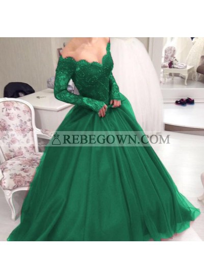 Off Shoulder Lace Long Sleeves Sweetheart Emerald Ball Gown Prom Dresses