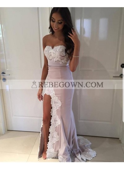 Sheath Side Slit Sweetheart Long Prom Dresses With White Appliques 
