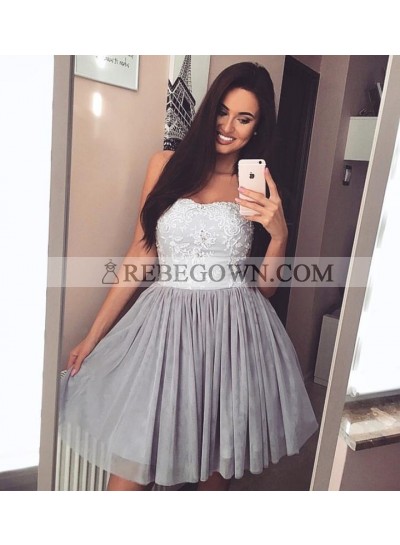 Cheap A Line Gray Strapless Knee Length Tulle Short Prom Dresses With Appliques