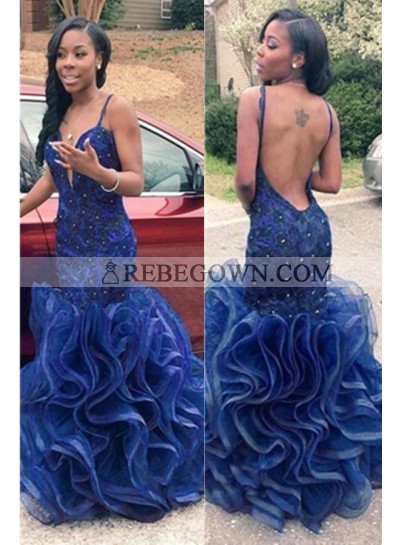 New Arrival Navy Blue Mermaid  Sweetheart Backless African American Pleated Ruffles Black Women's Prom Dresses