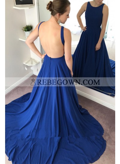 Sexy Backless Royal Blue A Line Zipper Back Long Prom Dresses 2022