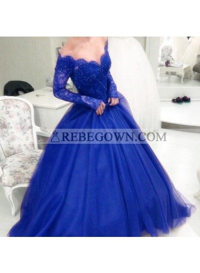 Long Sleeves Off Shoulder Fuchsia Tulle Sweetheart Ball Gown Prom Dresses