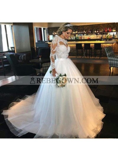 2022 Elegant A Line Tulle Long Sleeves Sweetheart Wedding Dresses