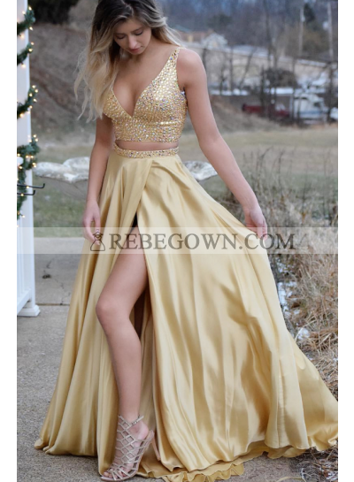 2022 Sexy A Line Gold Deep V Neck Side Slit Satin Two Pieces Prom Dresses