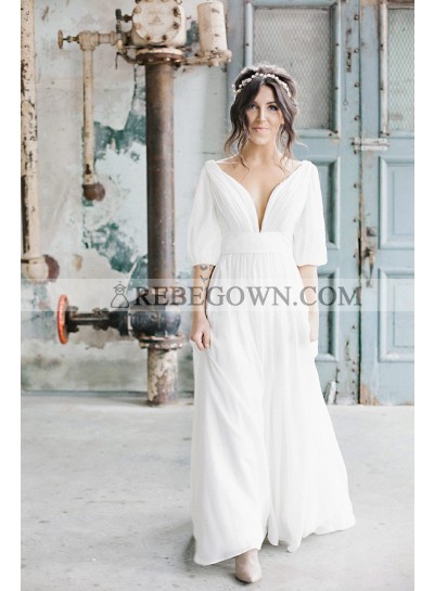 2022 New Arrival A Line Deep V Neck Chiffon White Long Sleeves Backless Long Beach Wedding Dresses