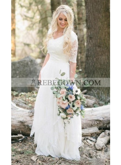2022 Cheap A Line V Neck Short Sleeves Lace Outdoor Wedding Dresses