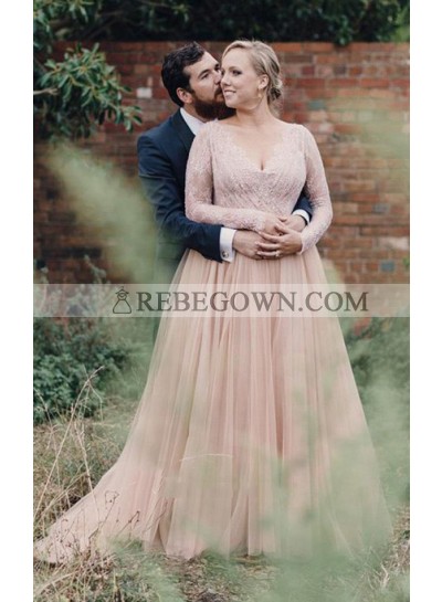 2022 New Arrival A Line V Neck Lace Pink Long Sleeves Tulle Plus Size Wedding Dresses