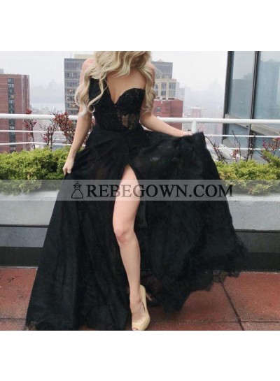 2022 New Arrival A Line Sweetheart One Shoulder Lace Side Slit Long Lace Prom Dresses