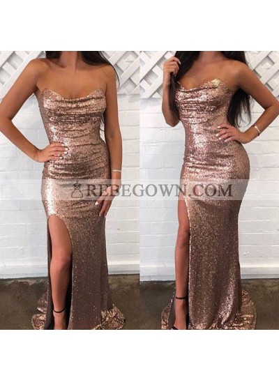2022 Charming Sheath Strapless Sweetheart Rose Gold Side Slit Sequence Long Prom Dresses