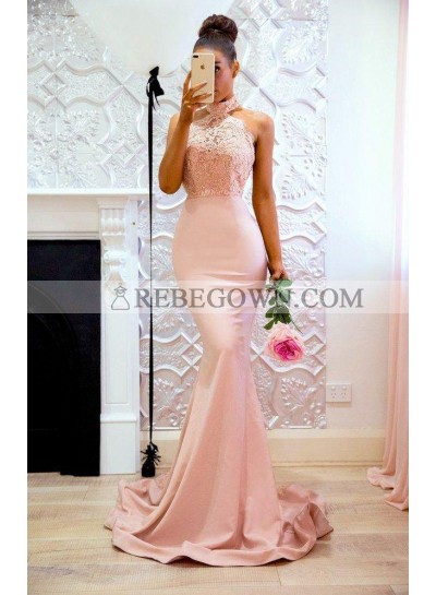 2022 Sexy Mermaid  Pink High Neck Backless Satin Long Prom Dresses With Appliques