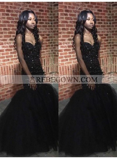 2022 Sexy Black Sweetheart Tulle Beaded African American Long Prom Dresses