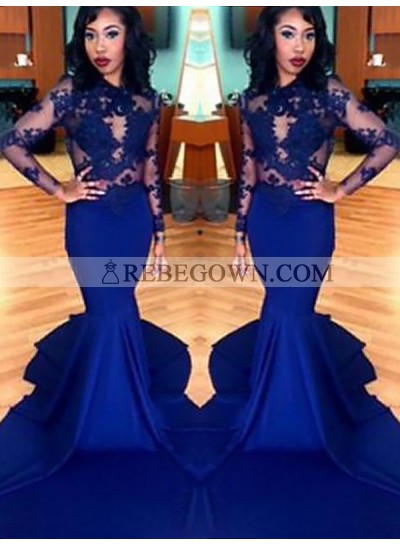2022 Royal Blue Mermaid  Long Sleeve Satin See Through Prom Dresses With Appliques