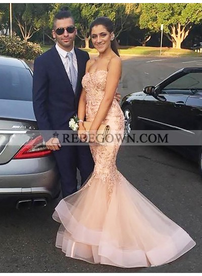 2022 New Designer Pearl Pink Tulle With Appliques Strapless Mermaid  Prom Dresses