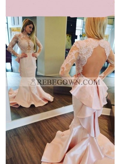 2022 Charming Mermaid  Satin Pearl Pink Backless Long Sleeves Lace Lace Prom Dresses