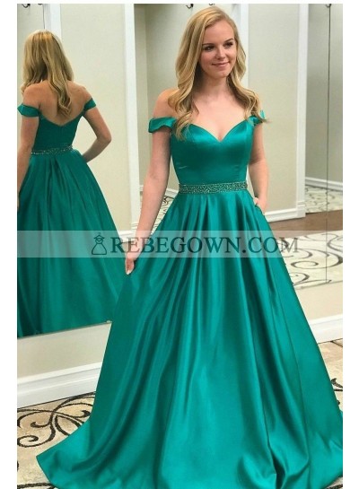 2022 Elegant A Line Satin Jade Off Shoulder Sweetheart Long Prom Dresses