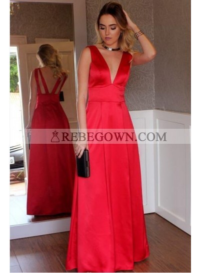 2022 Cheap A Line Red Deep V Neck Satin Floor Length Backless Prom Dresses