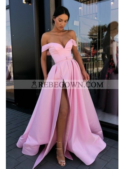 2022 Charming A Line Pink Off Shoulder Satin Sweetheart Side Slit Prom Dresses