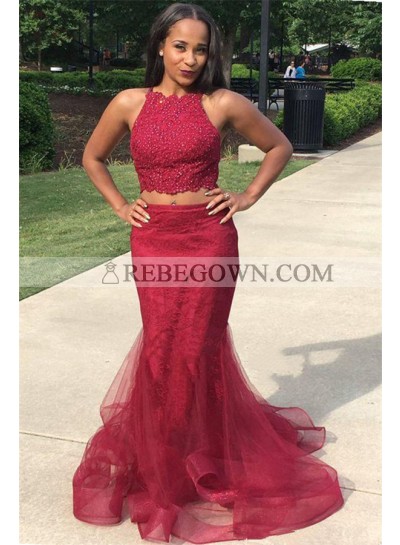 2022 New Designer Burgundy Two Pieces Tulle Mermaid  Prom Dresses