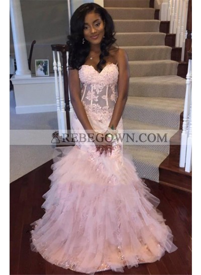 Cheap Pink Mermaid  Sweetheart Strapless Ruffles Long 2022 African American Prom Dresses