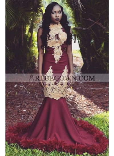 Charming Mermaid  African American Burgundy and Gold Appliques High Neck Prom Dresses 2022