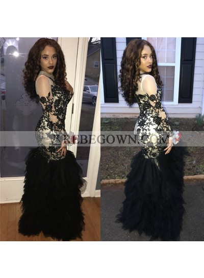 Sexy Mermaid  Black Long Sleeves Ruffles African American Long Prom Dresses 2022