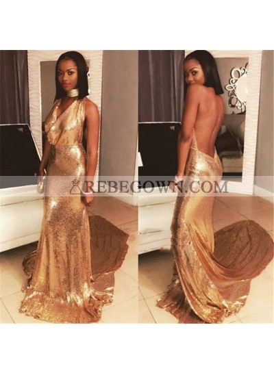 2022 Amazing Sheath Gold Backless Halter Sequence Long Prom Dresses