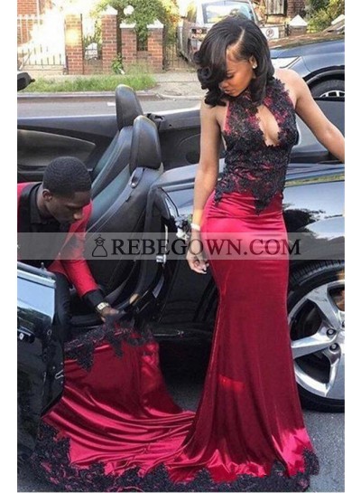 Sexy Burgundy and Black Appliques Elastic Satin Sheath Key Hole High Neck African American Prom Dresses 2022