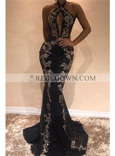 2022 Sexy Black and Silver Appliques Halter Backless Tulle African American Prom Dresses