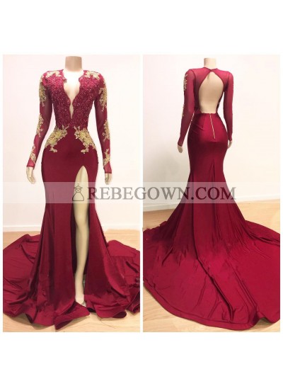 2022 Sexy Sheath Long Sleeves Burgundy and Gold Appliques Side Slit Deep V Neck African American Backless Prom Dresses