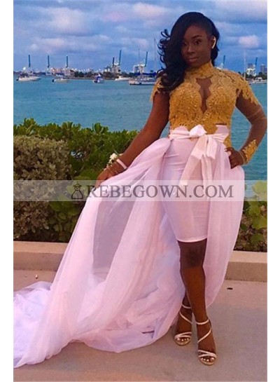 2022 Sheath White and Gold Appliques Long Sleeves Knee Length High Neck Short Prom Dresses