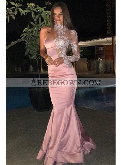 Charming Pink Satin One Sleeve High Neck Sweetheart Mermaid  Long Prom Dresses 2022