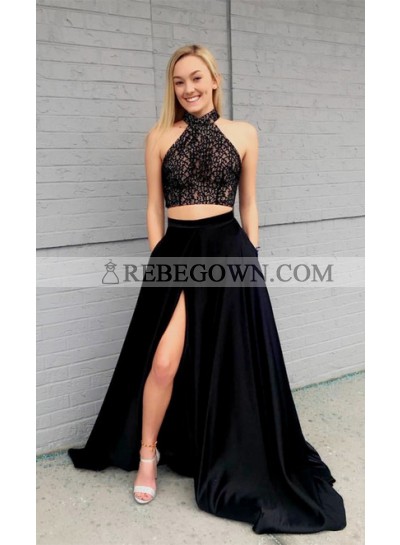 2022 New Arrival A Line Satin Black High Neck Two Pieces Side Slit Lace Prom Dresses