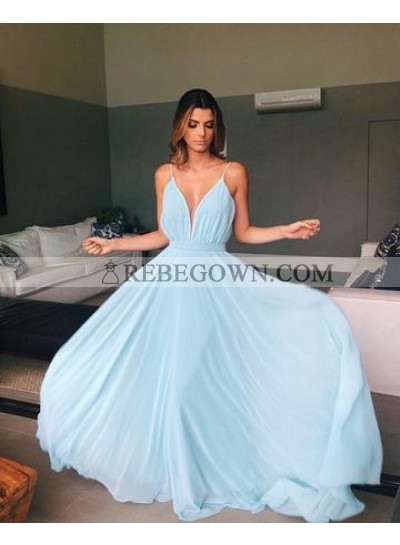 2022 Cheap Chiffon A Line Light Sky Blue Backless Prom Dresses