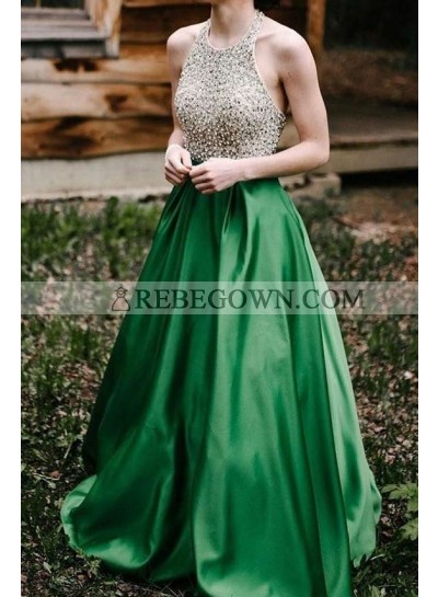 Elegant A Line Emerald Satin Backless Halter Beaded Long Prom Dresses 2022